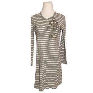 Lauren Ralph Lauren S Gray White Stripe 100% Cotton Night Shirt Lingerie Pajama